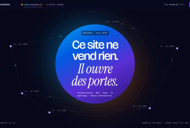 Page d’accueil de maxacrea.pro : « Ce site ne vend rien. Il ouvre des portes. », au centre d’une constellation de six portes vers les solutions MaxaCrea